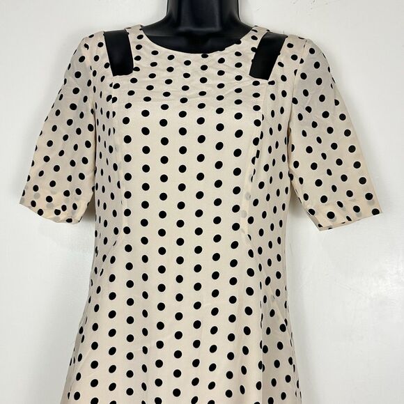 Patrizia Pepe 100%Silk Polka Dot Black Cream Dress Size 38 Cold Shoulder Lined - Picture 2 of 14